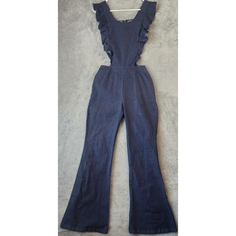 Womens Denim Jumpsuit Small Dark Blue Ruffle Open Back Flare Leg Retro 70s